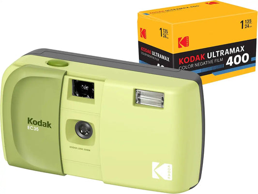 KODAK EC35 35mm Film Camera 35mm, Reusable, Focus-Free, Built-in Flash, Slide Cover, Beginner Friendly (Avocado Green) Bundle with Kodak Ultramax 400/24EXP 35mm Roll Film