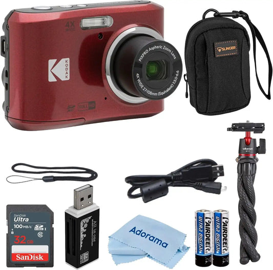 Kodak PIXPRO FZ45 Friendly Zoom 16MP Full HD Digital Camera, Bundle with 32GB Memory Card and Camera Bag, Flexible Tripod, and Card Reader (Red)