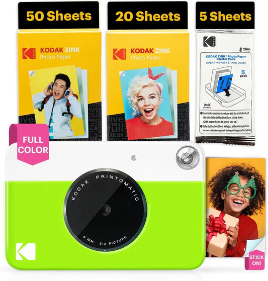 Kodak Printomatic Full-Color Instant Print Digital Camera - 75 Sheets Bundle - Prints On Zink 2x3 Sticky-Back Photo Paper - 5MP, Portable, Creative Fun Gift for Birthday, Christmas, Holiday - Green