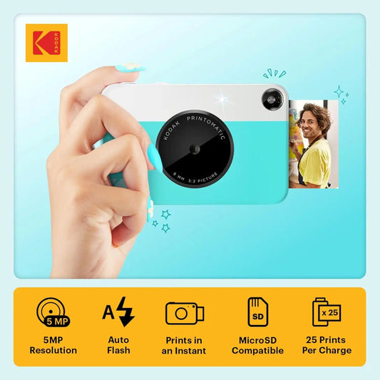 Kodak Printomatic Full-Color Instant Print Camera Starter Bundle + Soft Case + Zink 20pk Photo Paper - Colorful Photos On 2x3 Sticky-Back Paper - Fun Gift for Birthday Christmas Holiday - Blue