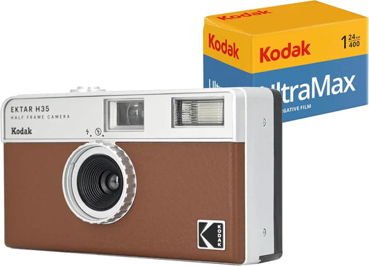 Kodak EKTAR H35 Half Frame 35mm Camera, Reusable, Focus-Free, Lightweight, Easy to Use (AAA Battery Not Included) (Brown, Bundle with 24-Exposure Film)