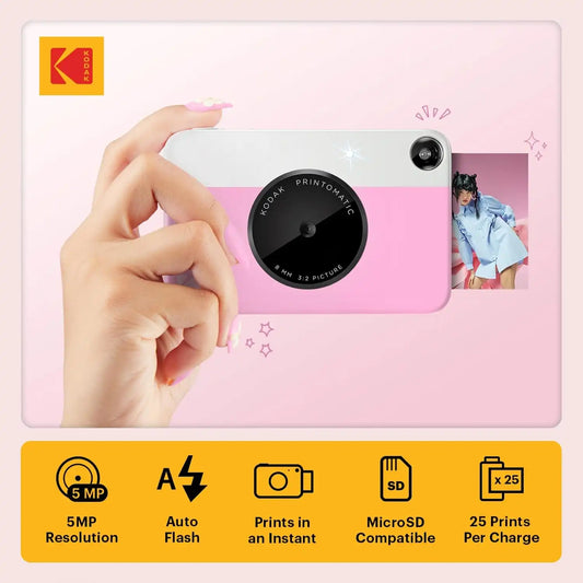 KODAK Printomatic Full-Color Instant Print Digital Camera, Zink 2x3" (5.1x7.5 cm) Sticky-Back Photo Paper, 5MP, Portable, Creative Fun Gift for Birthday, Christmas, Holiday, Pink