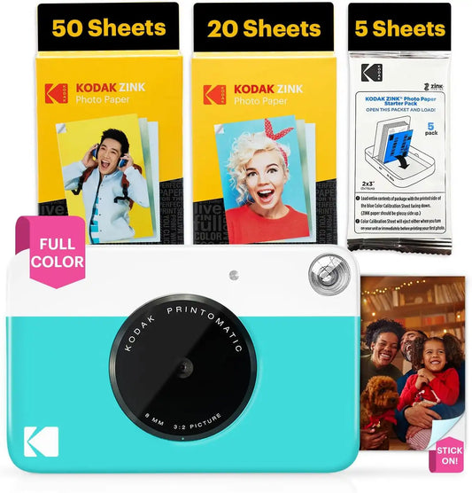 Kodak Printomatic Full-Color Instant Print Digital Camera - 75 Sheets Bundle - Prints On Zink 2x3 Sticky-Back Photo Paper - 5MP, Portable, Creative Fun Gift for Birthday, Christmas, Holiday - Blue