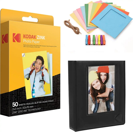 KODAK 2"x3" Premium Zink Photo Paper (50 Sheets) + Colorful Square Hanging Photo Frames + Photo Album (Compatible Printomatic)