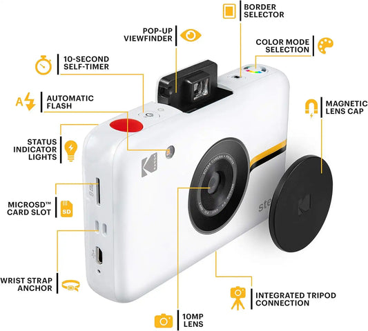 KODAK Step Instant Camera With 10MP Image Sensor, Zink Zero Ink Technology (White) Bundle: Photo Album, Case, 20 Pack Zink Paper, Markers, Stickers