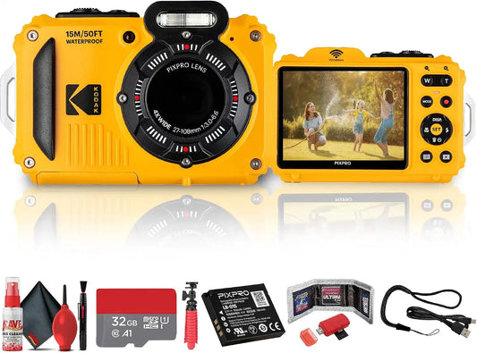 Kodak PIXPRO WPZ2 Digital Camera (Yellow) | Waterproof, Shockproof & Dustproof Camera with 16MP Sensor, 1080p Video & 4X Optical Zoom | for Travel & Outdoor use + 32GB Card + Vlogger Tripod + More