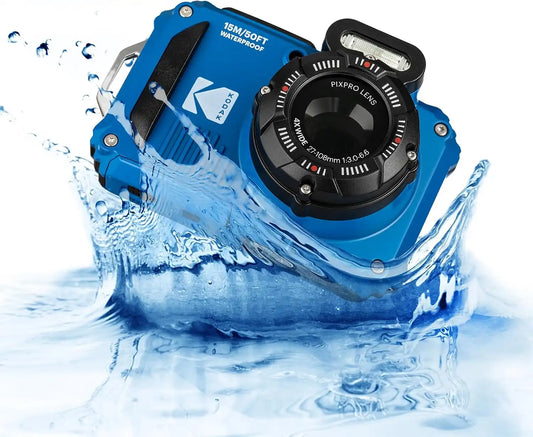 Kodak PIXPRO WPZ2 Digital Camera (Blue) | Waterproof, Shockproof & Dustproof Camera with 16MP Sensor, 1080p Video & 4X Optical Zoom | for Travel & Outdoor use + 32GB Card + Vlogger Tripod + More