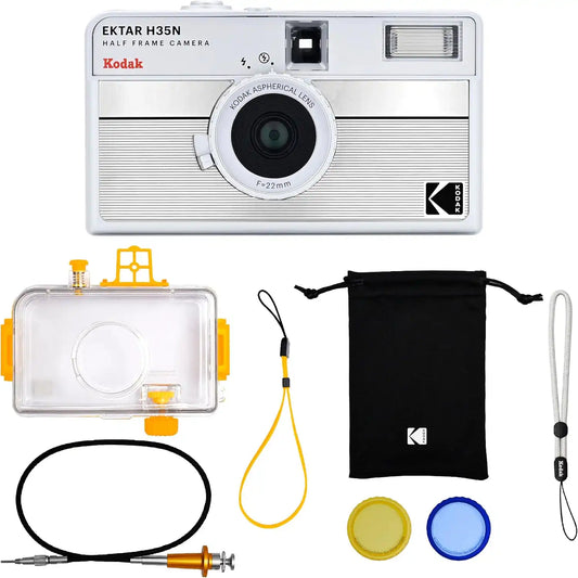 KODAK EKTAR H35N Half Frame Film Camera, 35mm, Reusable, Focus-Free, Bulb Function, Built-in Star Filter, Coated Improved Lens (Film & AAA Battery are not Included) (Striped Silver, Premium Kit)