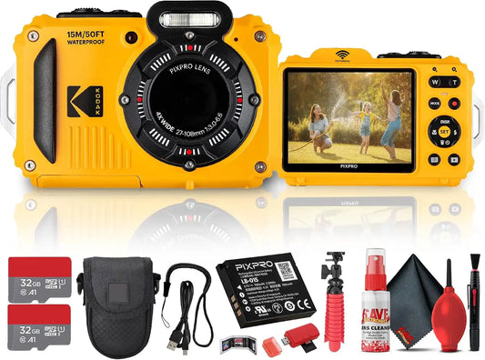 Kodak PIXPRO WPZ2 Digital Camera (Yellow) |Waterproof, Shockproof & Dustproof Camera with 16MP Sensor, 1080p Video & 4X Optical Zoom |Travel & Outdoor use + 2X 32GB Card + Vlogger Tripod + Bag + More