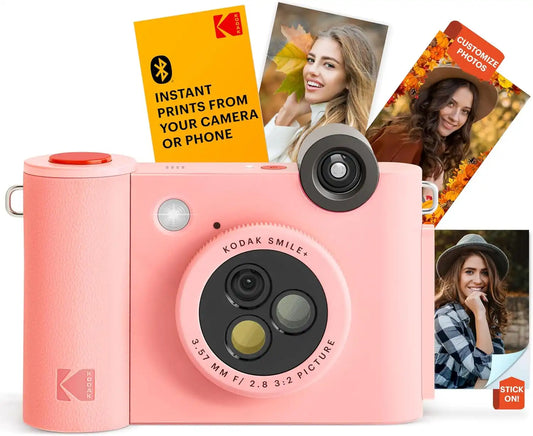 Kodak Smile+ 2-in-1 Digital Instant Print Camera & Wireless Bluetooth Printer - 10MP, Special-Effect Rotating Lens, Zink 2x3 Sticky-Back Photos Print via Fun App from Smart Devices - Pink