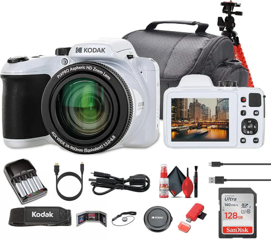 Kodak Pixpro AZ405 Digital Camera in White (AZ405WH) Bundle Including: 128 GB Memory Card, Rechargeable Batteries, Case, Flexible Tripod, Neck Strap, Lens Caps, Full Cleaning Kit, More Accessories