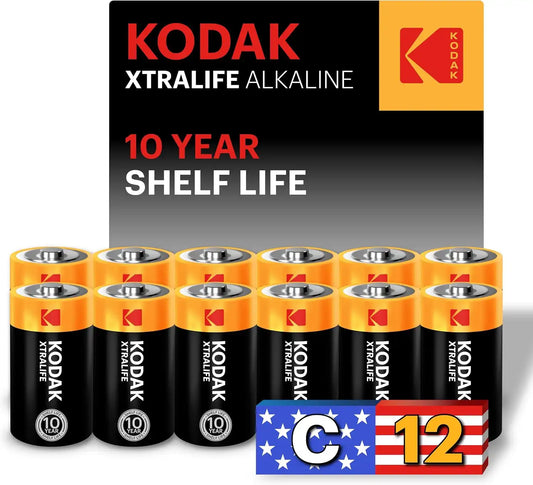 KODAK C Cell Alkaline Batteries (12 Pack) C Size Battery, LR14, 1.5V
