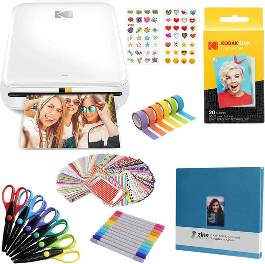 Kodak Step Wireless Photo Printer 2x3 inches Zink Paper Technology & Kodak App for iOS & Android (White) Scrapbook Bundle