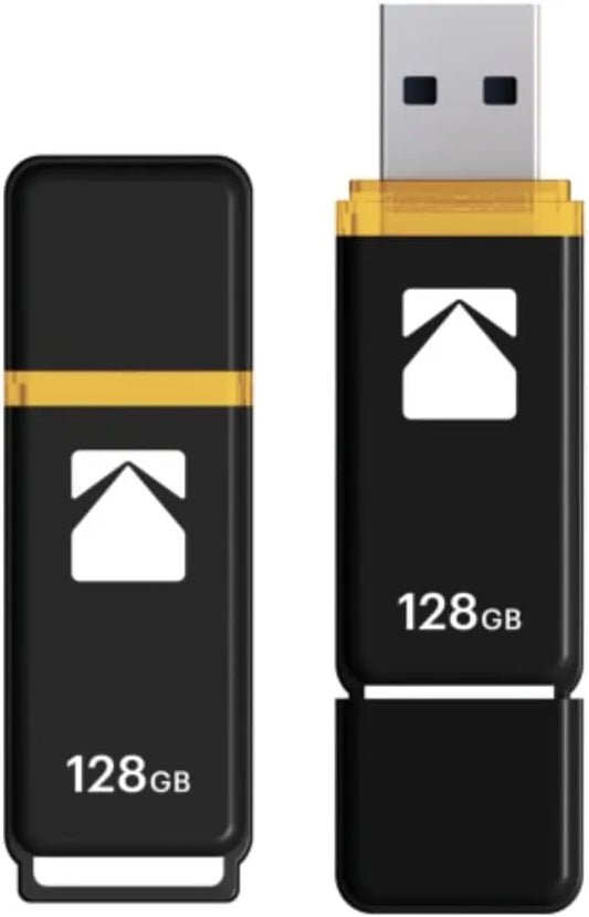 Kodak EKMMD128GK103 - USB Drive 3.2/3.1/3.0-128 GB, 128 Go - Classic Serie - K100 Model - Black mat casing with a Transparent Yellow Neck + a Cap