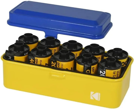 KODAK 120/135 Film Case - for 8 Rolls of 120 Films / 10 Rolls of 35mm Films - Retro Steel Case to Sort & Safeguard Film (Blue Top/Yellow Body)