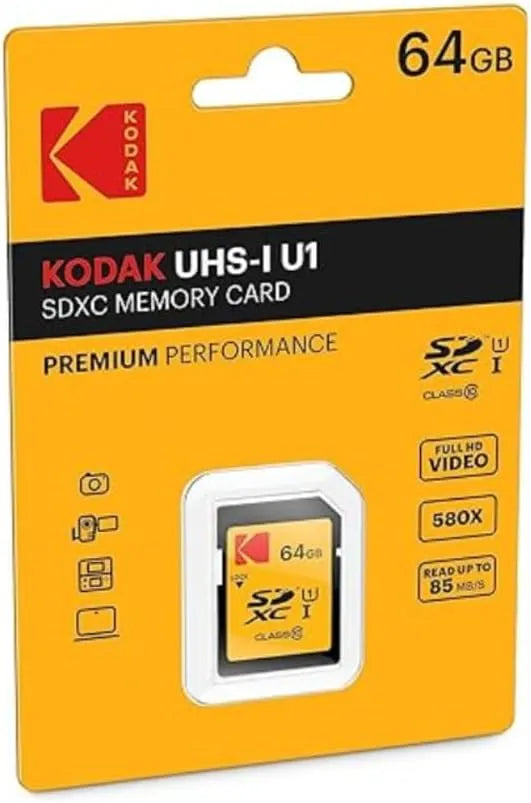 Kodak SDXC Card 64GB UHS-I U1 V10 Premium, up to 85MB/s Read Speed, for Full HD Video and High-Resolution Pictures, Compatible with SDXC Standard - EKMSD64GXC10K