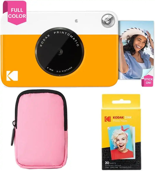 Kodak Printomatic Full-Color Instant Print Camera Starter Bundle + Soft Case + Zink 20pk Photo Paper - Colorful Photos On 2x3 Sticky-Back Paper - Fun Gift for Birthday Christmas Holiday - Yellow