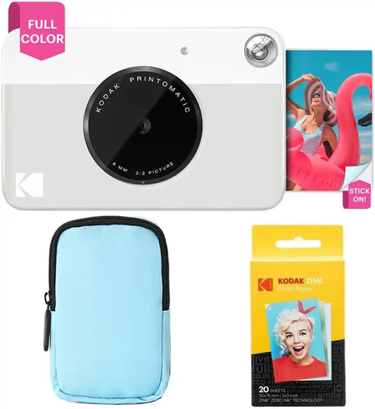 Kodak Printomatic Full-Color Instant Print Camera Starter Bundle + Soft Case + Zink 20 Pack Photo Paper - Colorful Photos On 2x3 Sticky-Back Paper - Fun Gift for Birthday Christmas Holiday - Grey