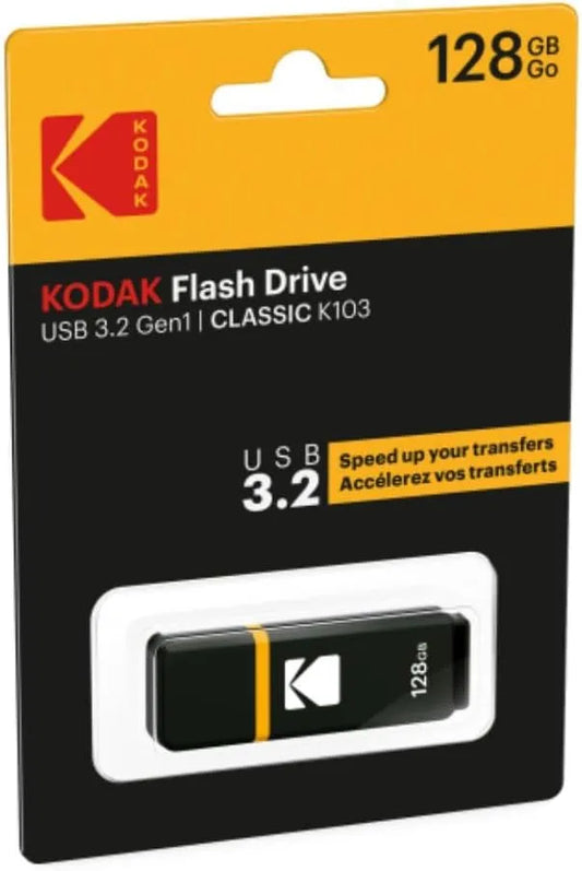 Kodak EKMMD128GK103 - USB Drive 3.2/3.1/3.0-128 GB, 128 Go - Classic Serie - K100 Model - Black mat casing with a Transparent Yellow Neck + a Cap