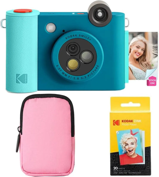 KODAK Smile+ 2-in-1 Digital Instant Print Camera & Wireless Bluetooth Photo Printer Starter Bundle + Soft Case + Zink 20pk Sticky-Back Photo Paper - 10MP, Special-Effect Rotating Lens - Blue