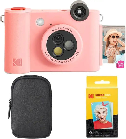 KODAK Smile+ 2-in-1 Digital Instant Print Camera & Wireless Bluetooth Photo Printer Starter Bundle + Carrying Case + Zink 20pk Sticky-Back Photo Paper - 10MP, Special-Effect Rotating Lens - Pink