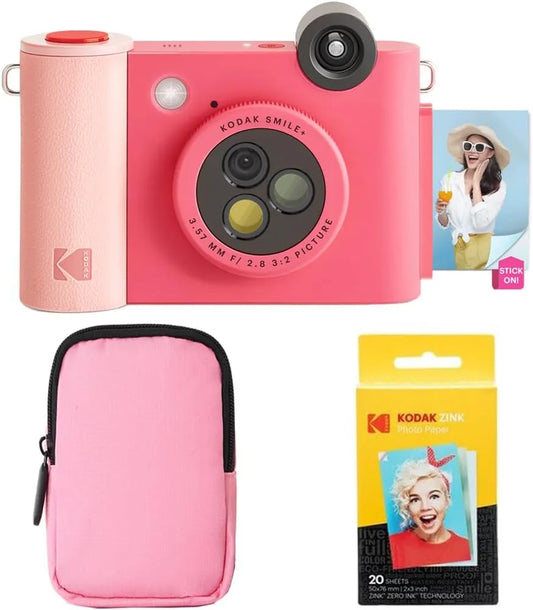 Kodak Smile+ 2-in-1 Digital Instant Print Camera & Wireless Bluetooth Photo Printer Starter Bundle + Soft Case + Zink 20pk Sticky-Back Photo Paper - 10MP, Special-Effect Rotating Lens - Fuchsia