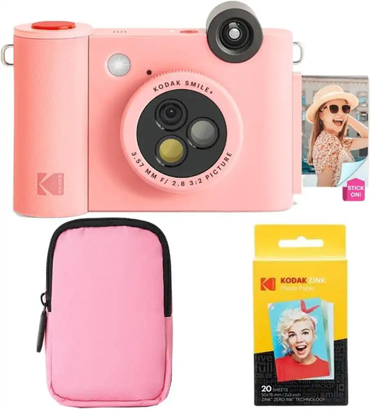 KODAK Smile+ 2-in-1 Digital Instant Print Camera & Wireless Bluetooth Photo Printer Starter Bundle + Soft Case + Zink 20pk Sticky-Back Photo Paper - 10MP, Special-Effect Rotating Lens - Pink