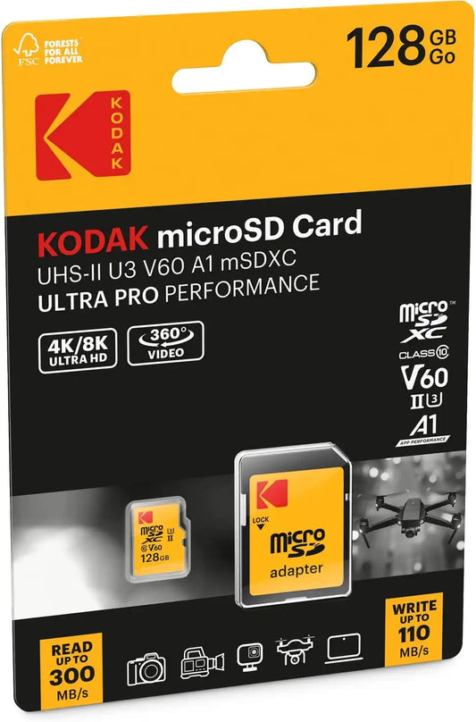 Kodak MicroSD Card 256GB UHS-II U3 V60 Ultra Fast Transfer Rate 300MB/s Read 160MB/s Write 4K/8K Video Ideal for Content Creator Includes SD Adapter
