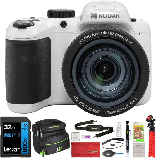 Kodak AZ405WH PIXPRO Astro Zoom 20MP Digital Camera 40X Optical Zoom 24mm Bundle with Lexar 32GB UHS-I SDHC Memory Card and Deco Gear Camera Bag, Lens Blower, Lens Pen, 12inch Tripod & More White