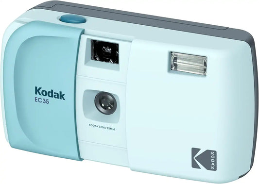 KODAK EC35 35mm Film Camera 35mm, Reusable, Focus-Free, Built-in Flash, Slide Cover, Beginner Friendly (Film & AA Battery are not Included) (Single, Powder Blue)