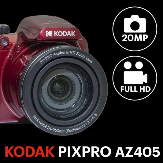 KODAK Pixpro Astro Zoom AZ405 Digital Camera Bridge, X40 Zoom, 24 mm Wide Angle, 20 Megapixels, LCD 3, Full HD 1080p Video, OIS, AA Battery – Red