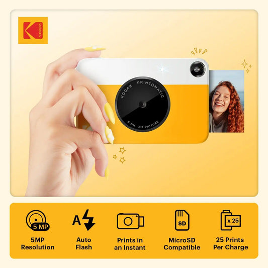 KODAK Printomatic Full-Color Instant Print Digital Camera, Zink 2x3" (5.1x7.5 cm) Sticky-Back Photo Paper, 5MP, Portable, Creative Fun Gift for Birthday, Christmas, Holiday, Yellow