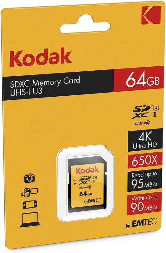 Kodak SDXC Card 64GB UHS-I U3 V30 Ultra - Up to 95MB/s Max Read Speed - Write Speed 85MB/s Max - Storage of 4K Ultra HD Videos and HD Photos - SD Card