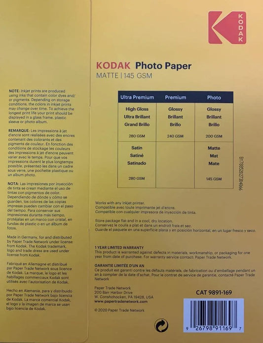 Kodak photo paper 8.5 x 11 matte, 100 count 39 lb - 145 g/m (41184-3510-225)