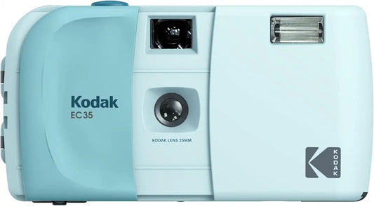 KODAK EC35 35mm Film Camera 35mm, Reusable, Focus-Free, Built-in Flash, Slide Cover, Beginner Friendly (Film & AA Battery are not Included) (Single, Powder Blue)