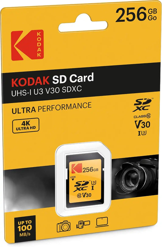 Kodak SDXC Card 256GB UHS-I U3 V30 Ultra - Up to 95MB/s Max Read Speed - Write Speed 85MB/s Max - Storage of 4K Ultra HD Videos and HD Photos - Full-Size SD Card