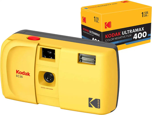 KODAK EC35 35mm Film Camera 35mm, Reusable, Focus-Free, Built-in Flash, Slide Cover, Beginner Friendly (Butter Yellow) Bundle with Kodak Ultramax 400/24EXP 35mm Roll Film