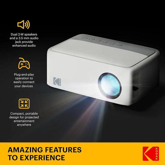 KODAK FLIK X1 Mini Projector, White, HDMI, USB, Up to 100-Inch