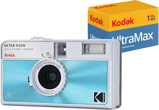Kodak EKTAR H35N Half Frame Film Camera Bundle with Kodak Ultramax 400/24EXP 35mm Roll Film (Glazed Blue, Bundle)