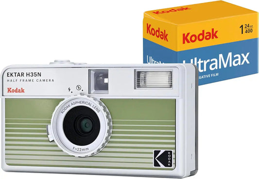 Kodak EKTAR H35N Half Frame Film Camera Bundle with Kodak Ultramax 400/24EXP 35mm Roll Film (Striped Green, Bundle)