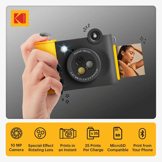 Kodak Smile+ 2-in-1 Digital Instant Print Camera & Wireless Bluetooth Photo Printer Starter Bundle + Carrying Case + Zink 20pk Sticky-Back Photo Paper - 10MP, Special-Effect Rotating Lens - Black