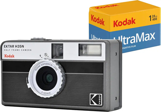 Kodak EKTAR H35N Half Frame Film Camera Bundle with Kodak Ultramax 400/24EXP 35mm Roll Film (Striped Black)