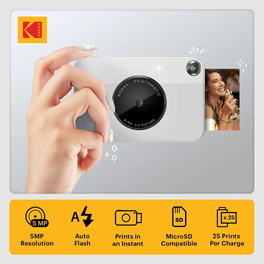 KODAK Printomatic Full-Color Instant Print Camera Starter Bundle + Carrying Case + Zink 20pk Photo Paper - Colorful Photos On 2x3 Sticky-Back Paper - Fun Gift for Birthday Christmas Holiday - Grey