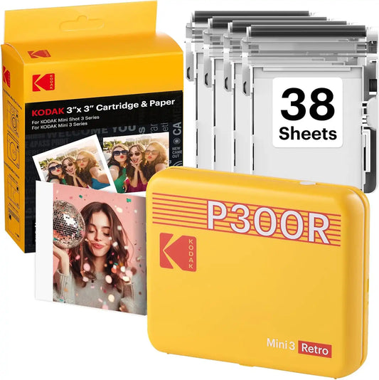 KODAK Mini 3 Retro 3x3 Portable Photo Printer, 4PASS, 38 Sheets, Yellow