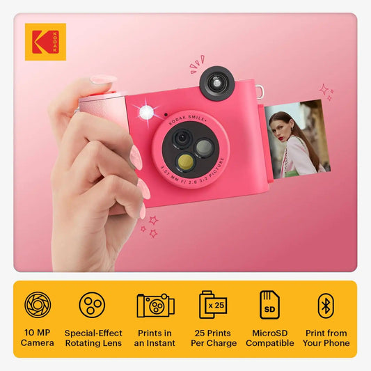 Kodak Smile+ 2-in-1 Digital Instant Print Camera & Wireless Bluetooth Photo Printer Starter Bundle + Soft Case + Zink 20pk Sticky-Back Photo Paper - 10MP, Special-Effect Rotating Lens - Fuchsia