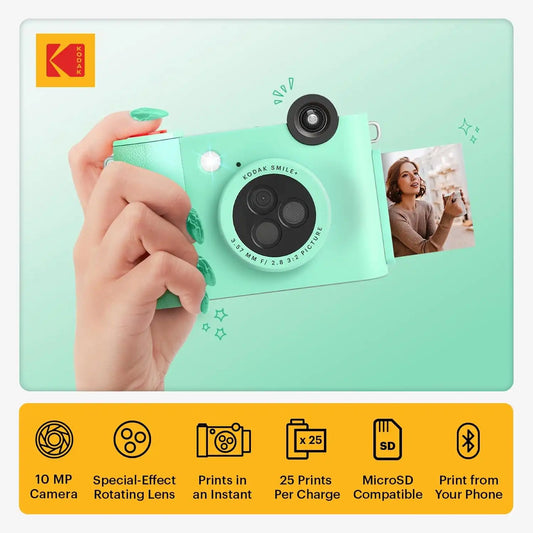 Kodak Smile+ 2-in-1 Digital Instant Print Camera & Wireless Bluetooth Photo Printer - 10MP, Special-Effect Rotating Lens, Zink 2x3” Sticky-Back Photos, Print via Fun App from Smart Devices - Green