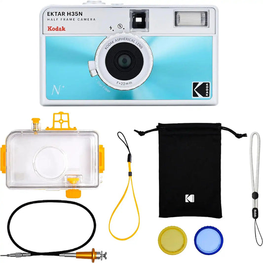 KODAK EKTAR H35N Half Frame Film Camera, 35mm, Reusable, Focus-Free, Bulb Function, Built-in Star Filter, Coated Improved Lens (Film & AAA Battery are not Included) (Glazed Blue, Premium Kit)