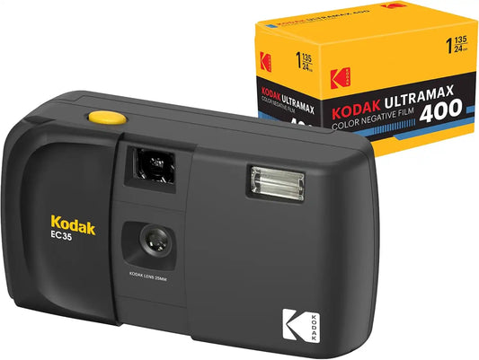 KODAK EC35 35mm Film Camera 35mm, Reusable, Focus-Free, Built-in Flash, Slide Cover, Beginner Friendly (Midnight Black) Bundle with Kodak Ultramax 400/24EXP 35mm Roll Film