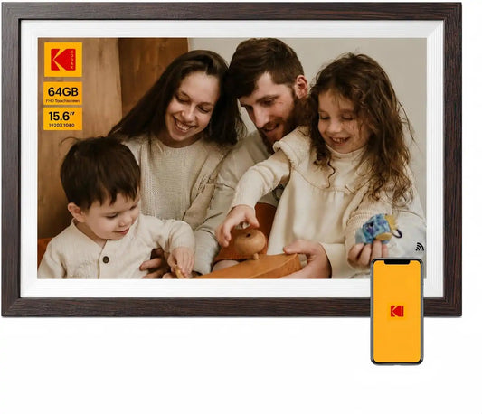 KODAK 15.6 Inch WiFi Digital Picture Frame, 1920x1080 FHD Touch Screen, 64GB Smart Photo Frame with App & AI Photo Creation, Easy Sharing Photos and Videos, Large Wooden Frame Gift for Family