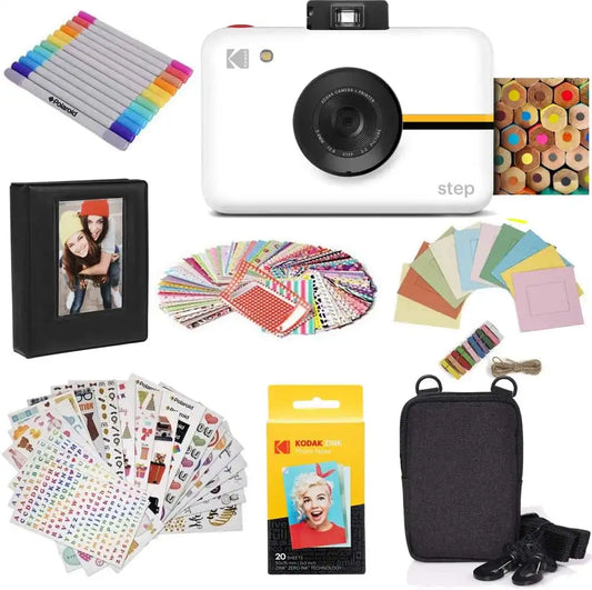 KODAK Step Instant Camera With 10MP Image Sensor, Zink Zero Ink Technology (White) Bundle: Photo Album, Case, 20 Pack Zink Paper, Markers, Stickers